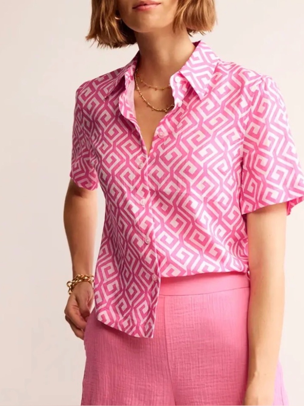 Boden Pink Hazel Linen Button Up Geometric Print Shirt Women’s Size 4 US
